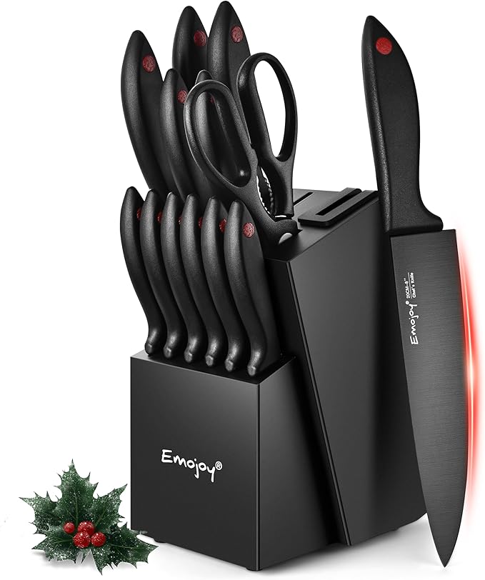 Emojoy 15-Piece Kitchen Knife Set with Block (Built-in Sharpener)